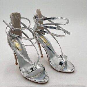 FSJ Silver Women Strappy Pointed Peep Toe Stiletto High Heel T Strap Summer